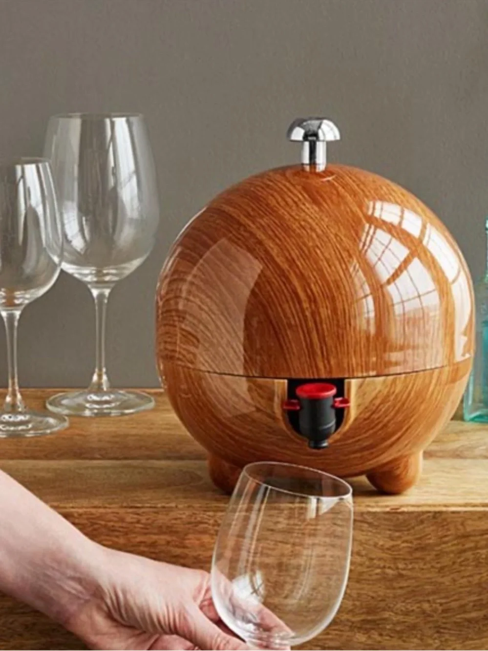 Mid Century Wood Grain Globe Box Wine Beverage Dispenser